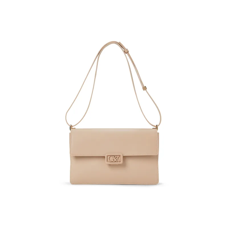CHARLES&KEITH Cow Leather Crossbody Bag Medium Size Women's Black/Nude Flesh-6