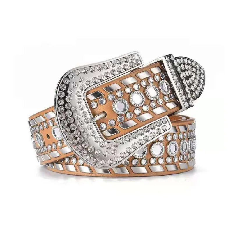 PISHUSHU Individual Stud Full Diamond PU Leather Belt Women's 5 Colors Available For Selection Width  3.8cm-4