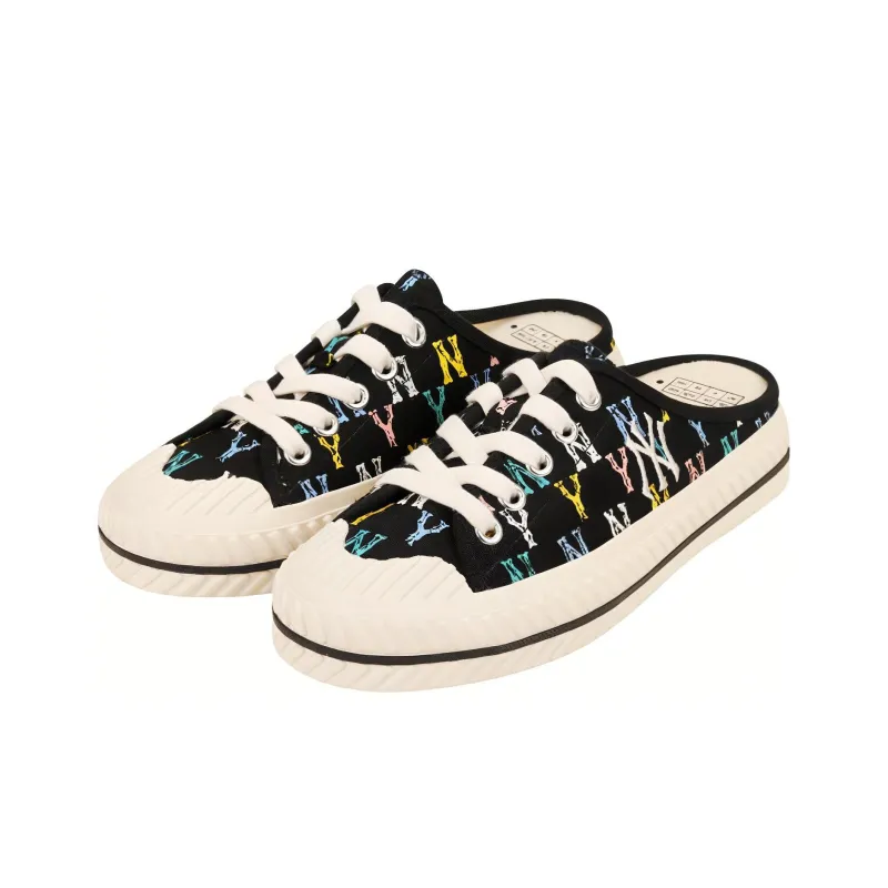 MLB Playball Mule Monogram Anti Slip Wear Resistant Low Top Canvas Shoes Unisex Black-1