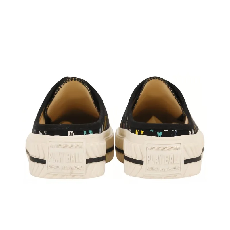 MLB Playball Mule Monogram Anti Slip Wear Resistant Low Top Canvas Shoes Unisex Black-4