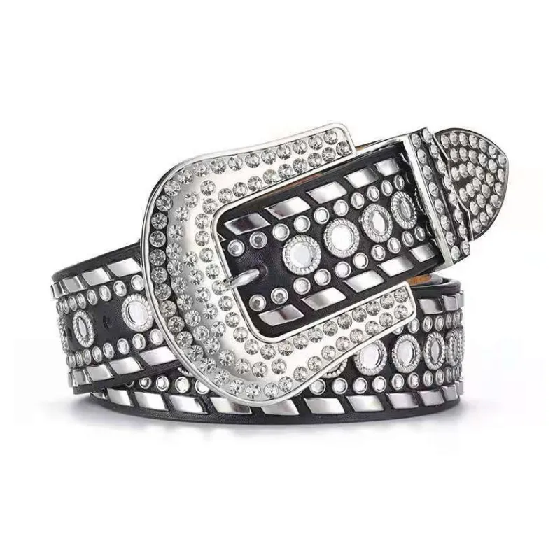 PISHUSHU Individual Stud Full Diamond PU Leather Belt Women's 5 Colors Available For Selection Width  3.8cm-2