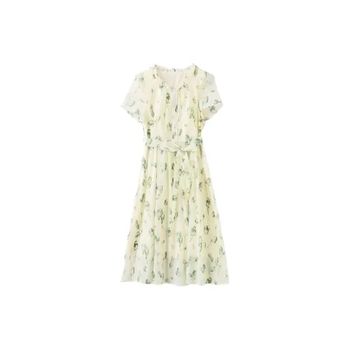 Mapping Short-Sleeved Dresses Women's Beige Base With Green Floral Pattern