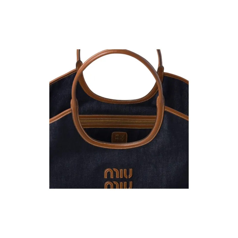 MIU MIU Denim Patchwork Tote Bag Shopping Bag Shoulder Bag Handbag Women's Blue & Brown-3