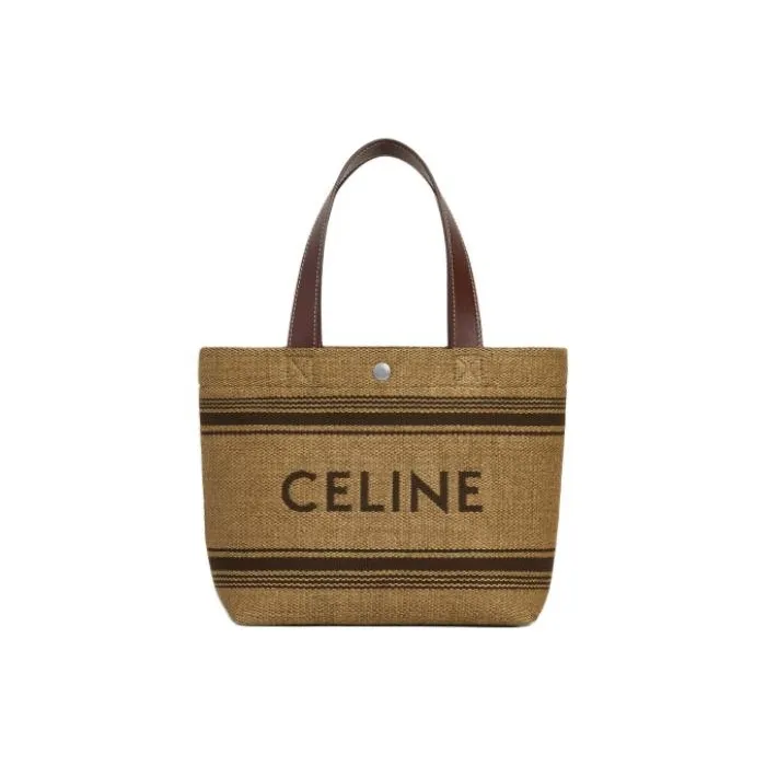 CELINE Cabas Fabric Cow Leather Patchwork Shoulder Bag Crossbody Bag Handbag Mini Men's Natural & Chestnut-0