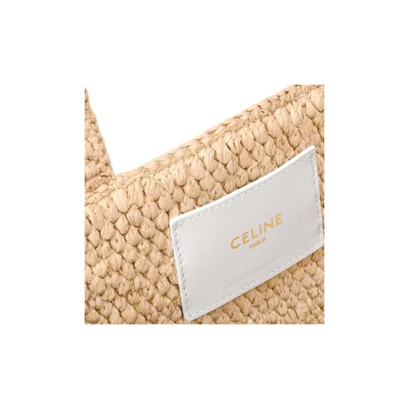 CELINE Cabas Thais Raffia With Calfskin Shoulder Bag Crossbody Bag Handbag Small Size Women's White & Natural-3
