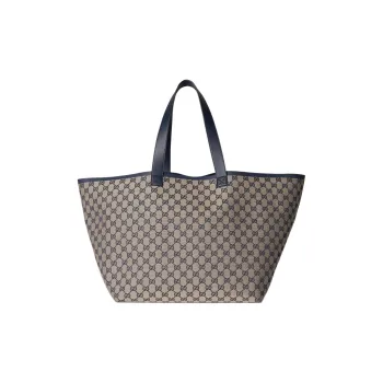 GUCCI Canvas With Leather Tote Bag, Shopping Bag, Handbag Large Size Women's Blue & Beige