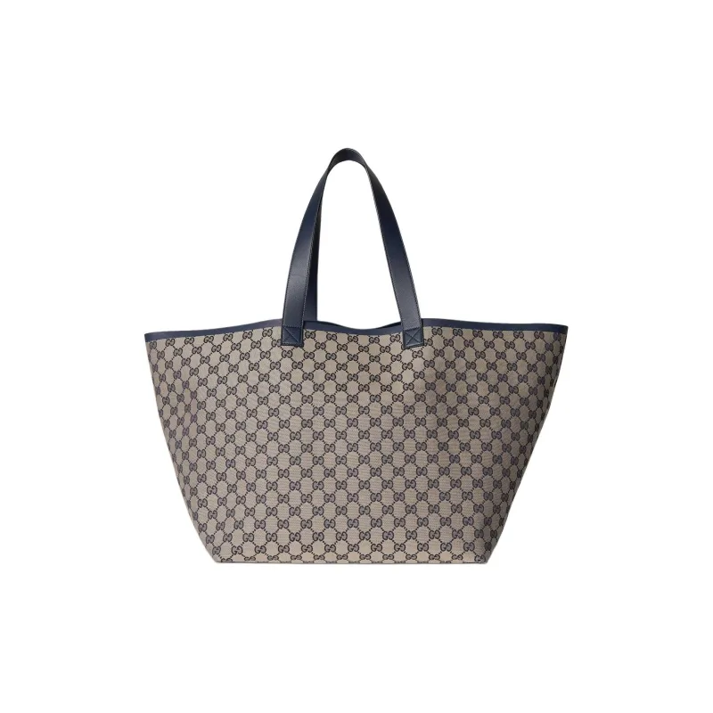 GUCCI Canvas With Leather Tote Bag, Shopping Bag, Handbag Large Size Women's Blue & Beige-0