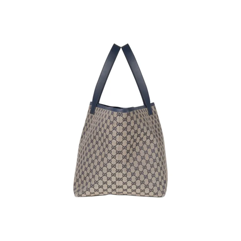 GUCCI Canvas With Leather Tote Bag, Shopping Bag, Handbag Large Size Women's Blue & Beige-3