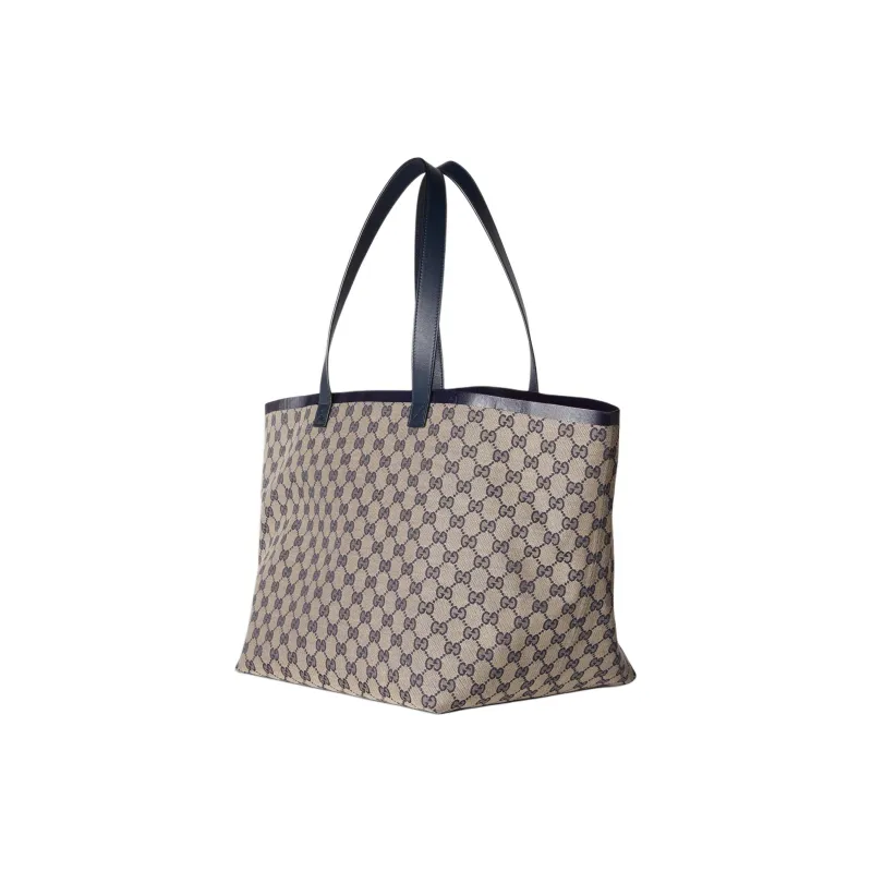 GUCCI Canvas With Leather Trim Canvas Bag Tote Bag Shopping Bag Handbag Medium Size Women's Beige & Blue-2