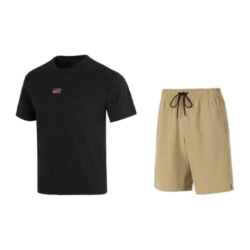 Nike Casual Sportswear Men Black T-Shirts+Khaki Shorts