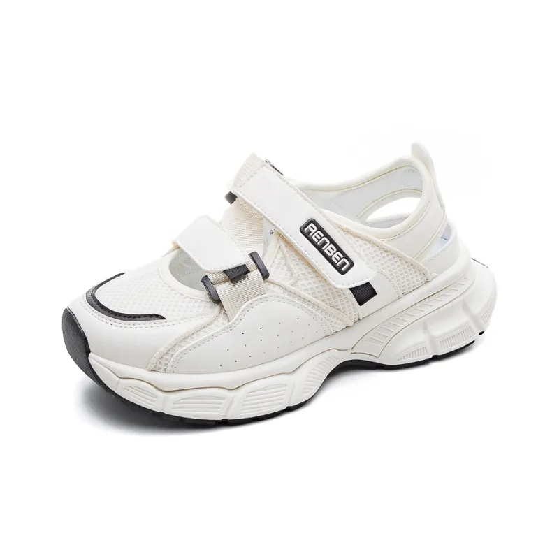 RENBEN Breathable Lightweight Height Increasing Low Top Chunky Sneakers Women's Beige Black-2
