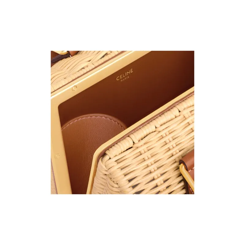 CELINE Wicker With Calfskin Shoulder Bag, Crossbody Bag, Handbag Small Size Women's Natural & Tan-4