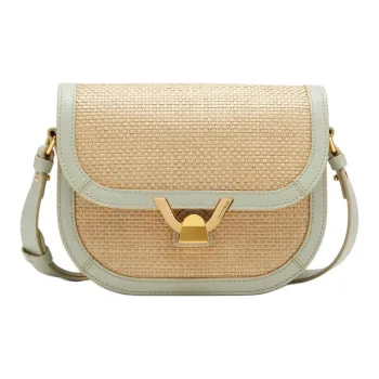 COCCINELLE Raffia With Beaded Surface Leather Straw Shoulder Bag Crossbody Bag Small Size Women's Natural & Green