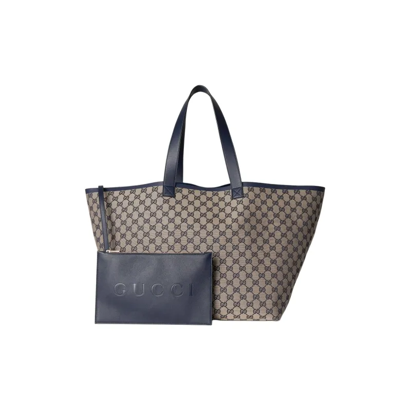 GUCCI Canvas With Leather Tote Bag, Shopping Bag, Handbag Large Size Women's Blue & Beige-1