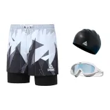 Black and White Swim Trunks+White Swim Goggles+Swimming Cap