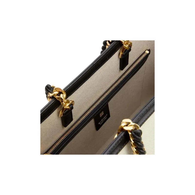 GIVENCHY Cotton And Linen Blend Tote Bag Shopping Bag Shoulder Bag Crossbody Bag Handbag Mini Women's Beige & Black-4