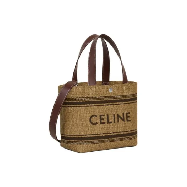 CELINE Cabas Fabric Cow Leather Patchwork Shoulder Bag Crossbody Bag Handbag Mini Men's Natural & Chestnut-1