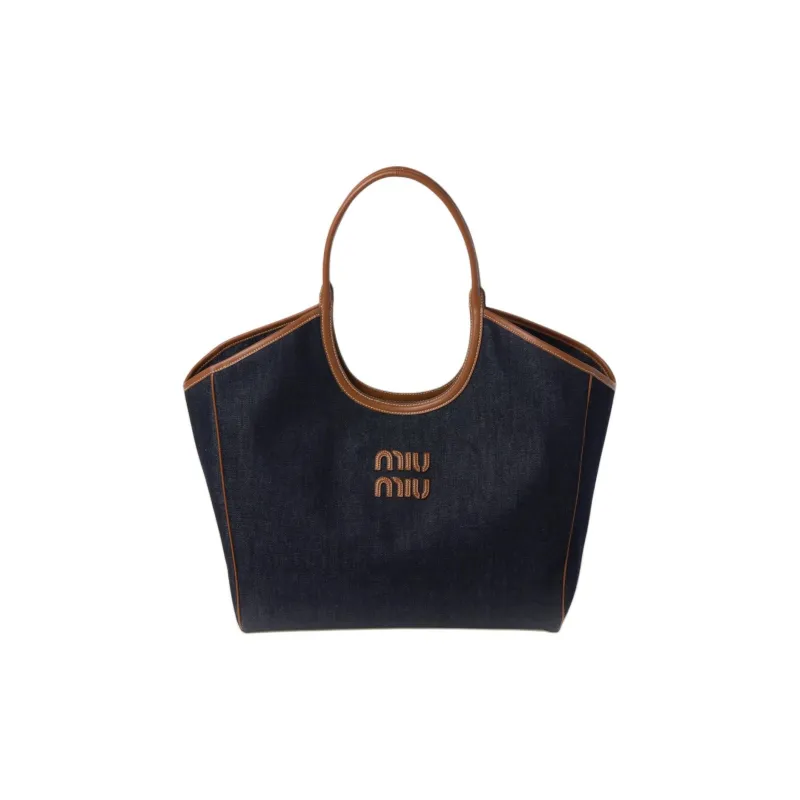 MIU MIU Denim Patchwork Tote Bag Shopping Bag Shoulder Bag Handbag Women's Blue & Brown-0
