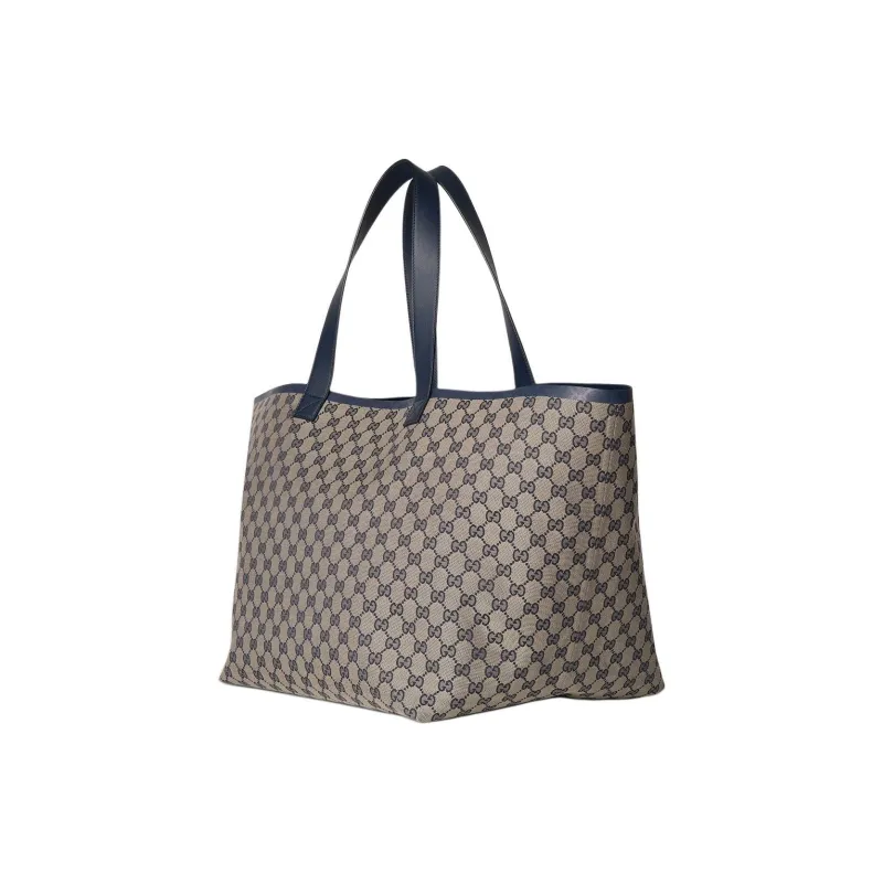 GUCCI Canvas With Leather Tote Bag, Shopping Bag, Handbag Large Size Women's Blue & Beige-2