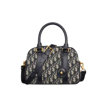 DIOR Oblique Print Bowling Bag, Handbag, Shoulder Bag, Crossbody Bag Medium Size Women's Blue
