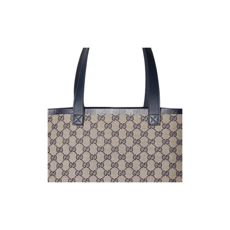 GUCCI Canvas With Leather Trim Canvas Bag Tote Bag Shopping Bag Handbag Medium Size Women's Beige & Blue-8