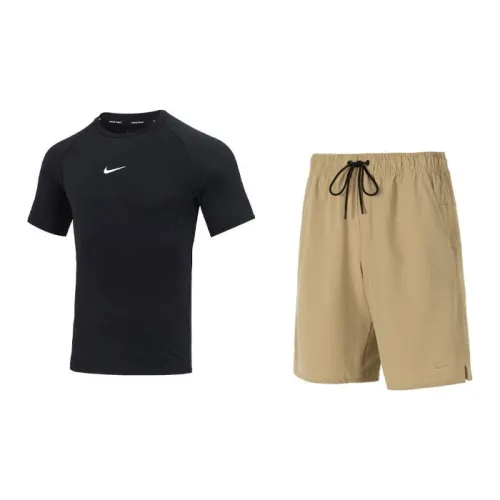 Nike Casual Sportswear Men Black T-Shirts+Khaki Shorts