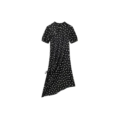 Yu Qianwen Short-Sleeved Dresses Women's Black Polka Dot