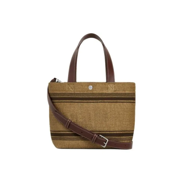 CELINE Cabas Fabric Cow Leather Patchwork Shoulder Bag Crossbody Bag Handbag Mini Men's Natural & Chestnut-2