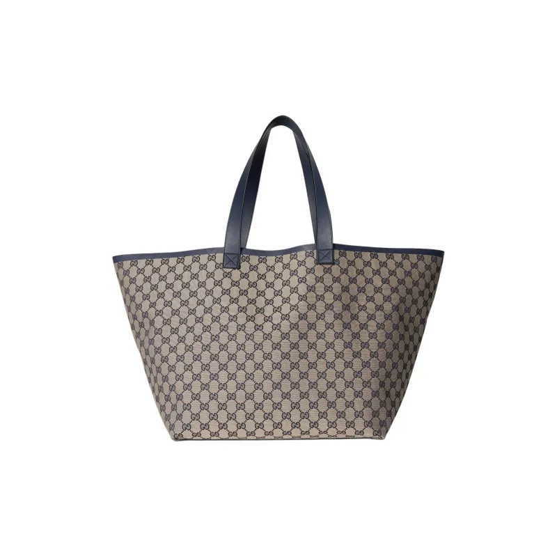GUCCI Canvas With Leather Tote Bag, Shopping Bag, Handbag Large Size Women's Blue & Beige-4