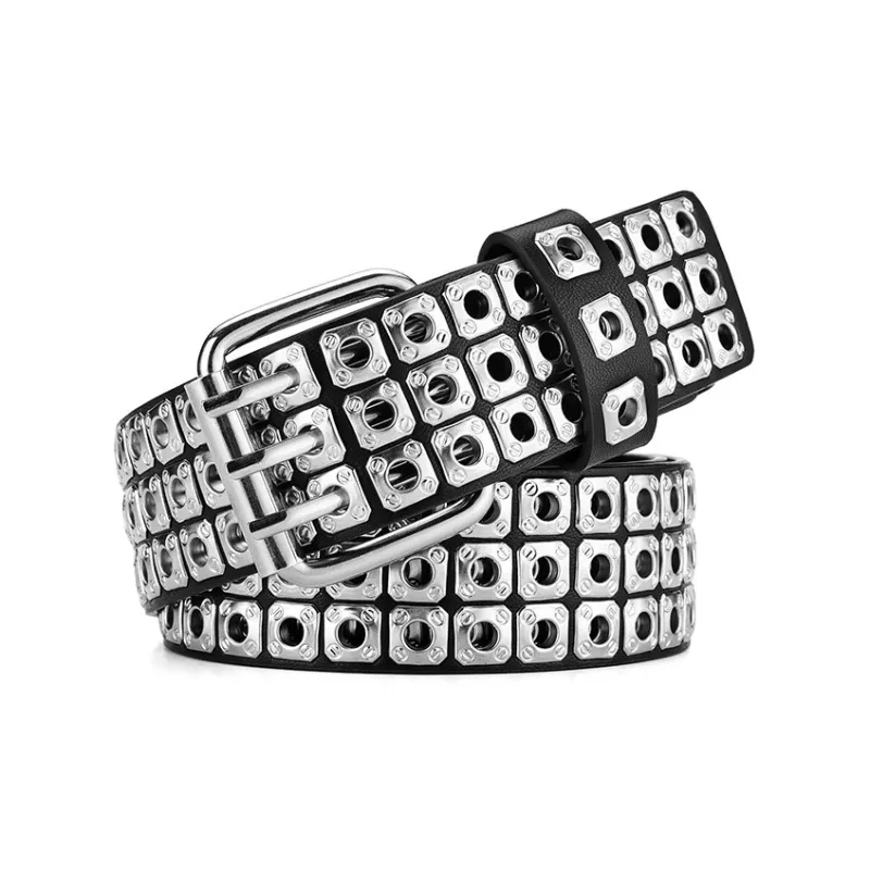 PISHUSHU Trendy Y2K Stud PU Leather Alloy Belt Women's Tricolor Optional Width  3.8cm-0