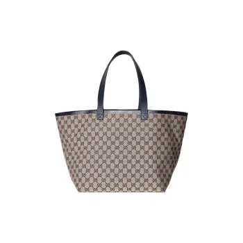 GUCCI Canvas With Leather Trim Canvas Bag Tote Bag Shopping Bag Handbag Medium Size Women's Beige & Blue