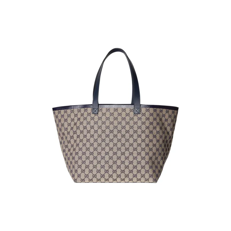 GUCCI Canvas With Leather Trim Canvas Bag Tote Bag Shopping Bag Handbag Medium Size Women's Beige & Blue-0