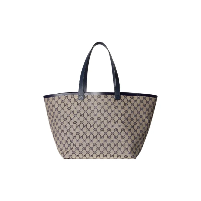 GUCCI Canvas With Leather Trim Canvas Bag Tote Bag Shopping Bag Handbag Medium Size Women's Beige & Blue-4