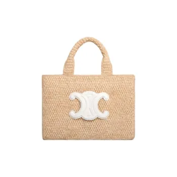 CELINE Cabas Thais Raffia With Calfskin Shoulder Bag Crossbody Bag Handbag Small Size Women's White & Natural