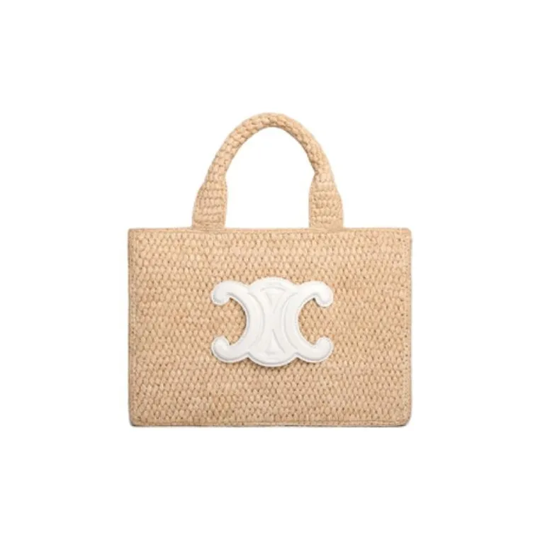 CELINE Cabas Thais Raffia With Calfskin Shoulder Bag Crossbody Bag Handbag Small Size Women's White & Natural-0