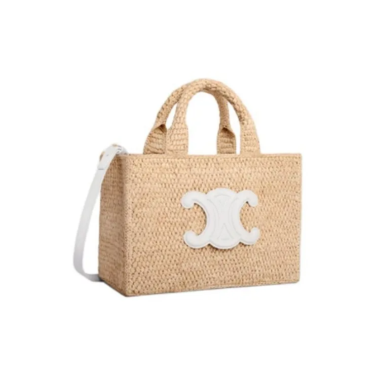 CELINE Cabas Thais Raffia With Calfskin Shoulder Bag Crossbody Bag Handbag Small Size Women's White & Natural-1