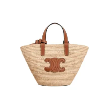 CELINE Raffia With Calfskin One Shoulder Handbag Women's Natural & Tan