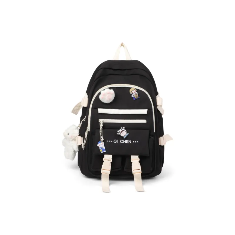Kevin Cohen Nylon Fabric Backpack Travel Bag Regular Unisex Ecru & Purple/Black/Pink-3