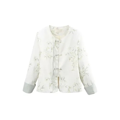 A paradise for awakening Cropped Coats Women's Beige Base With Green Floral Pattern