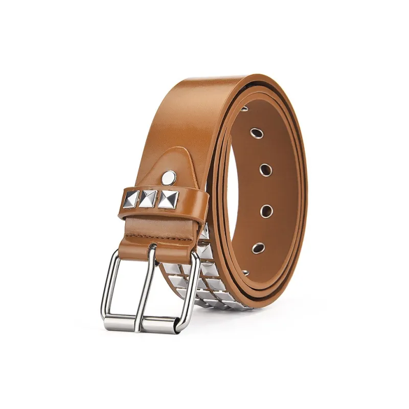 PISHUSHU Punk Square Bead Gold Pyramid PU Leather Belt Women's 4 Colors Available For Selection Width  3.8cm-0
