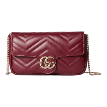 GUCCI GG Marmont Herringbone Leather Shoulder Bag Crossbody Bag Mini Women's Red