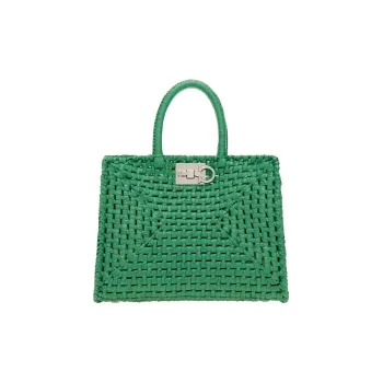 FERRAGAMO Studio Woven Raffia Handbag Medium Size Women's Green