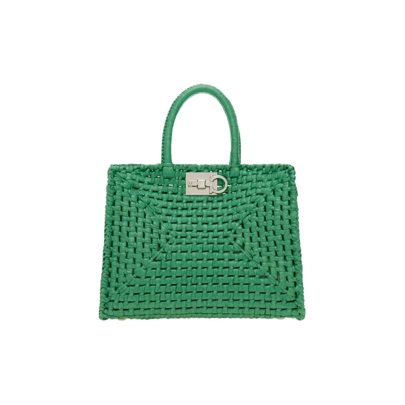 FERRAGAMO Studio Woven Raffia Handbag Medium Size Women's Green-0
