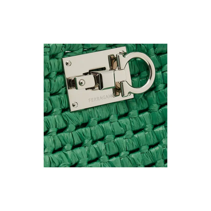 FERRAGAMO Studio Woven Raffia Handbag Medium Size Women's Green-5