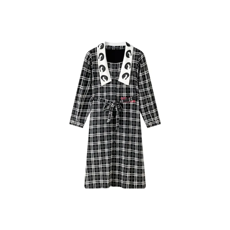 Meonsill Spring And Fall Season Nightgown Women's Black White Plaid-0