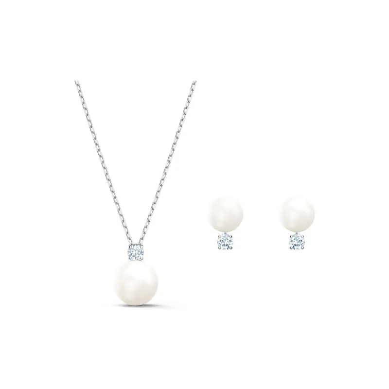 Swarovski Treasure Rhodium Plated Necklace Stud Earrings Women's White-0