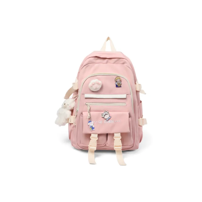 Kevin Cohen Nylon Fabric Backpack Travel Bag Regular Unisex Ecru & Purple/Black/Pink-9