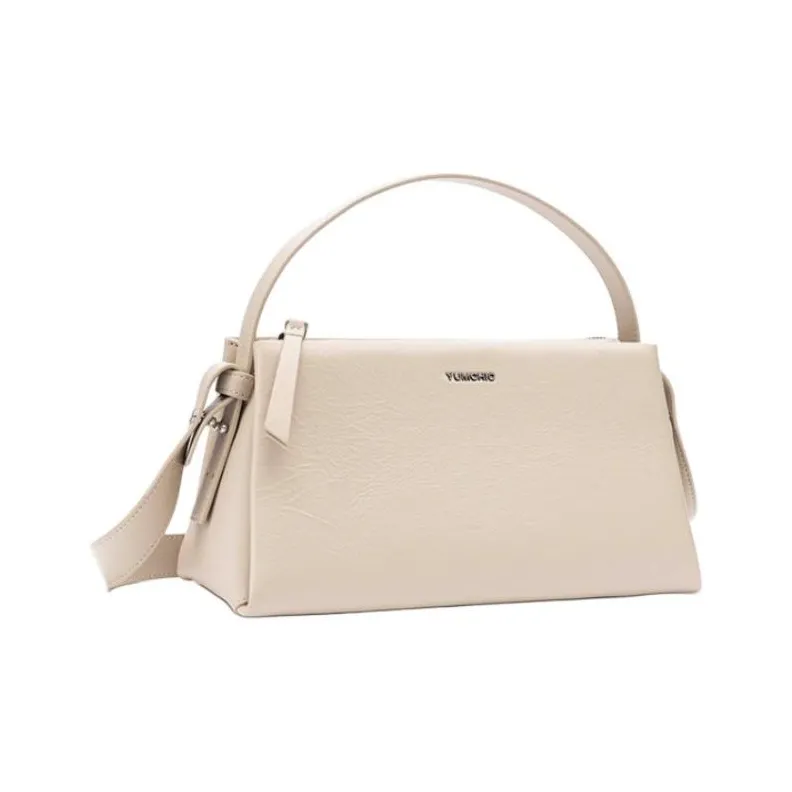 YUMCHIC Cow Leather Handbag Shoulder Bag Medium Size Women's Milk Tea Beige/Latte/Classic Black-0