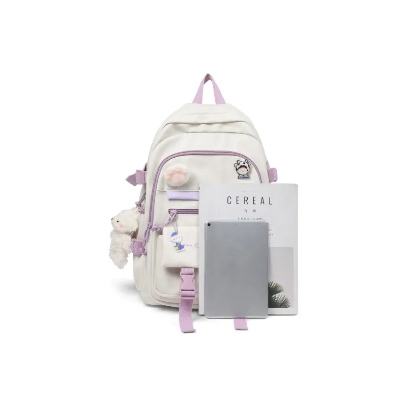 Kevin Cohen Nylon Fabric Backpack Travel Bag Regular Unisex Ecru & Purple/Black/Pink-1