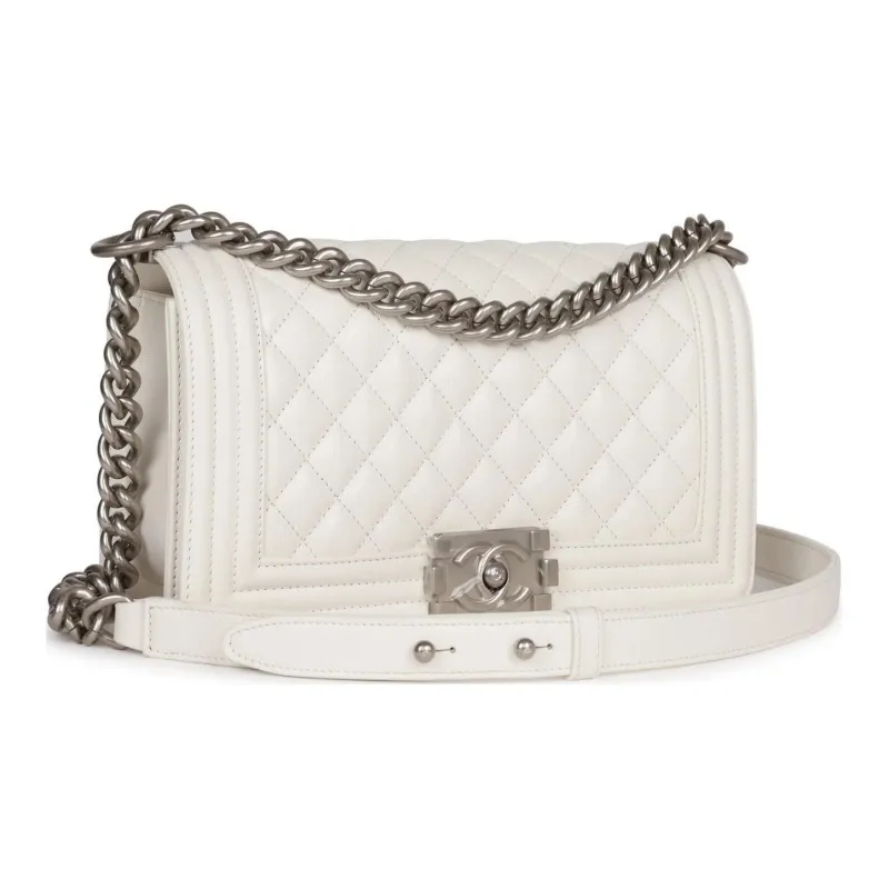 CHANEL Caviar Leather Shoulder Bag, Crossbody Bag Medium Size Women's White-2